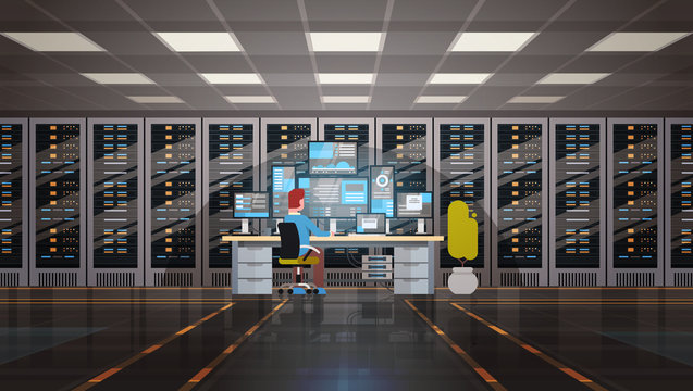 Man Working In Data Center Room Hosting Server Computer Monitoring Information Database Flat Vector Illustration