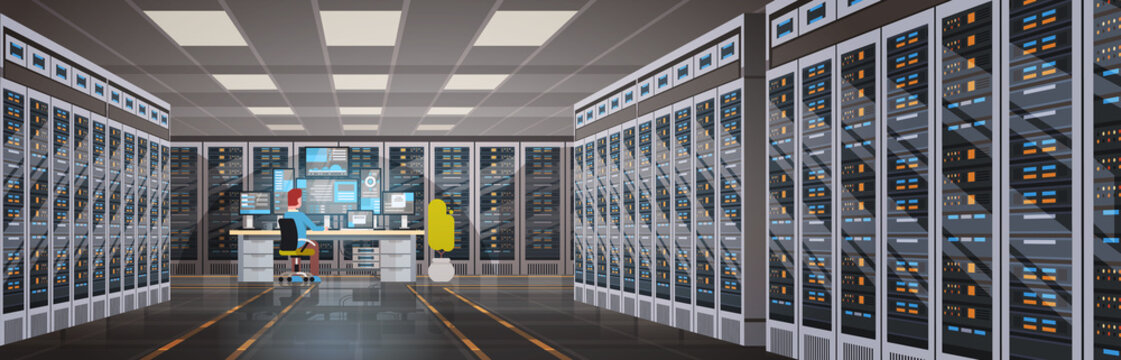 People Working In Data Center Room Hosting Server Computer Monitoring Information Database Flat Vector Illustration