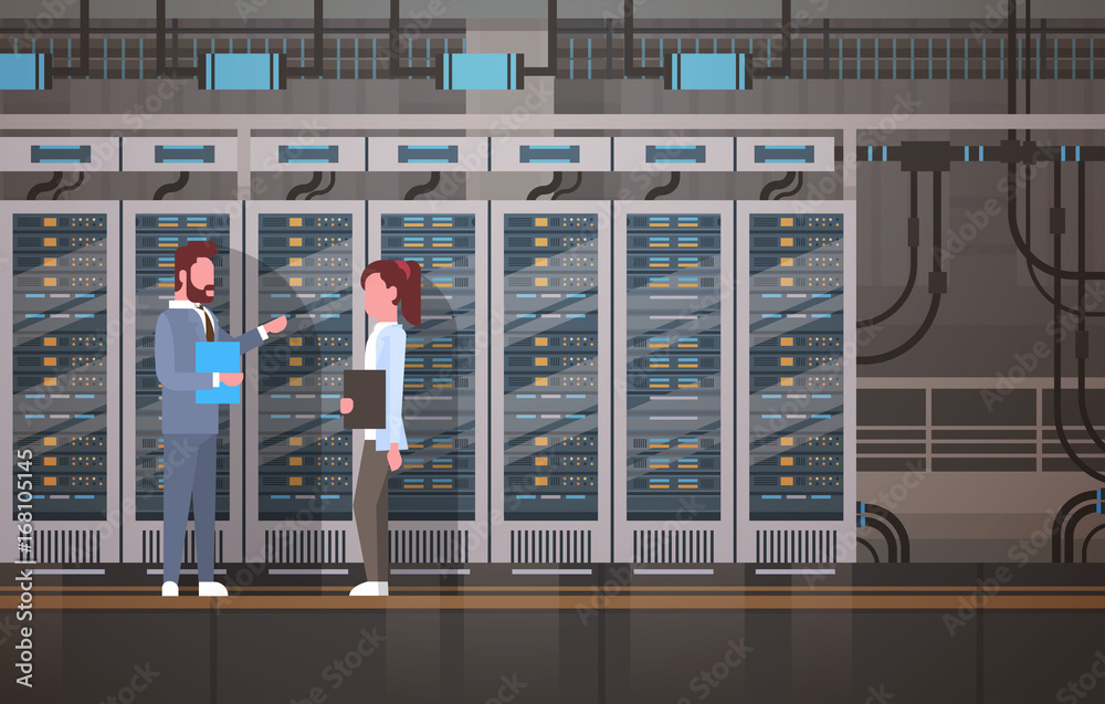 Poster People Working In Data Center Room Hosting Server Computer Monitoring Information Database Flat Vector Illustration