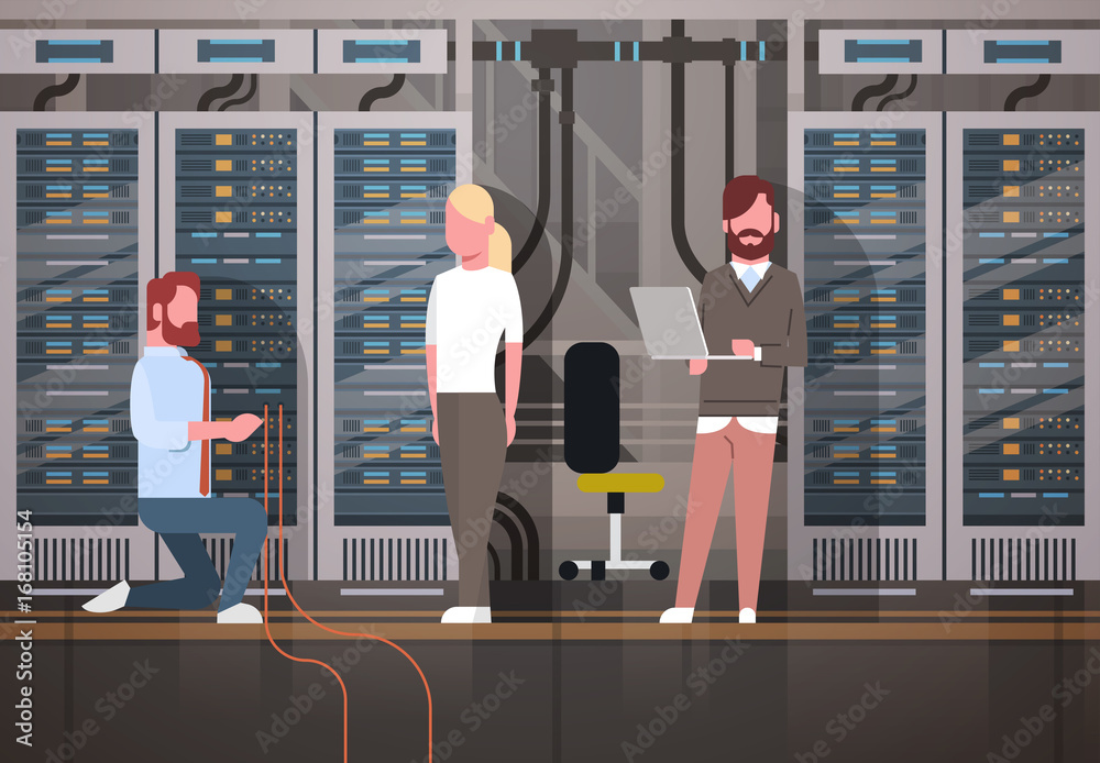 Poster People Working In Data Center Room Hosting Server Computer Monitoring Information Database Flat Vector Illustration