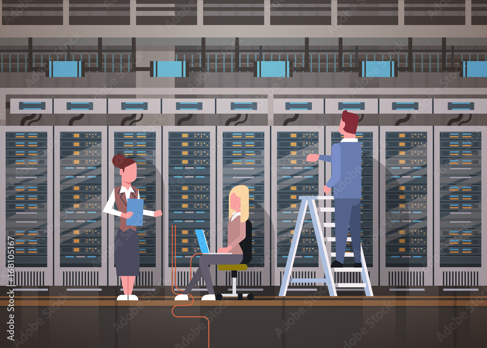 Poster people working in data center room hosting server computer monitoring information database flat vect