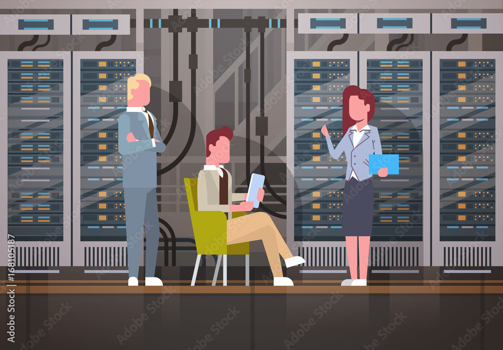 Poster People Working In Data Center Room Hosting Server Computer Monitoring Information Database Flat Vector Illustration