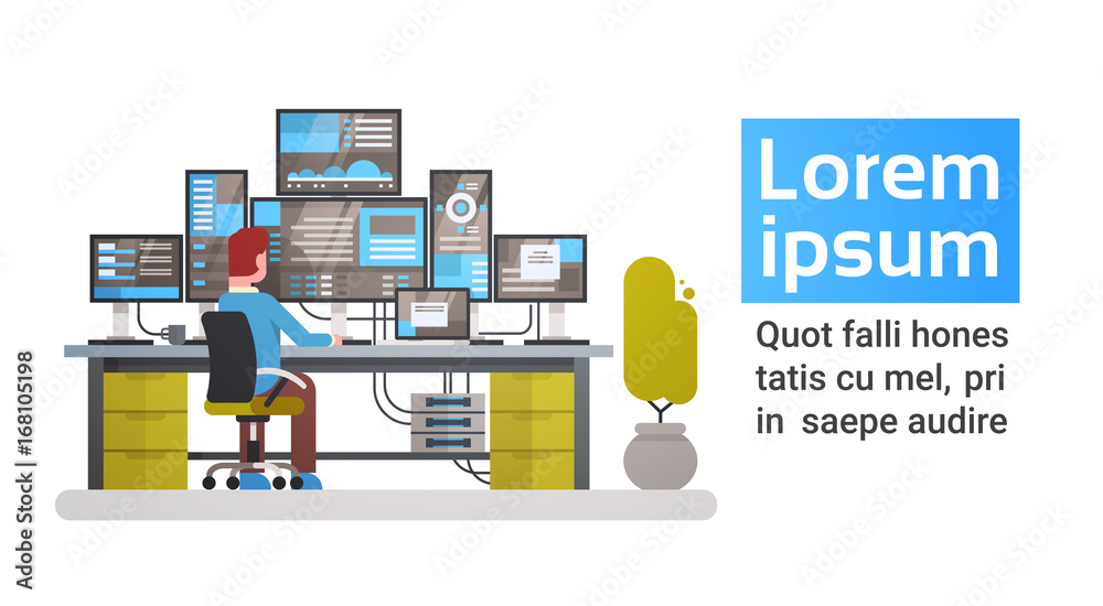 Poster Man Working In Data Center Room Hosting Server Computer Monitoring Information Database Flat Vector Illustration