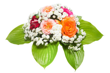A bride's bouquet of beautiful roses and yarrow with hosta isolated on white background. Flowers. Spring. Flat lay, top view. Love. Valentine's Day. Easter. Wedding card. Object