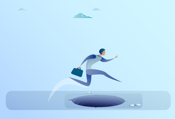Businessman Jump Over Gap To Success Business Man Risk Concept Flat Vector Illustration