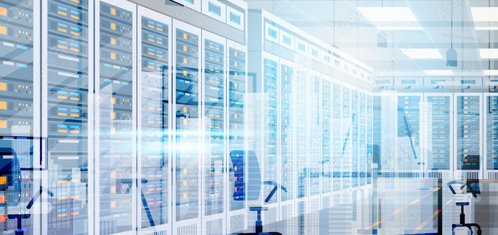 Poster data center room hosting server computer information database synchronize technology flat vector ill