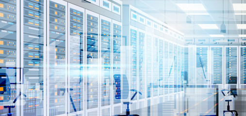 Data Center Room Hosting Server Computer Information Database Synchronize Technology Flat Vector Illustration - obrazy, fototapety, plakaty