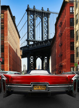 Retro old car red color on the road in New York © Zarya Maxim