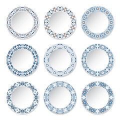 Set of nine decorative plates with a circular blue pattern, top view. White background. Vector illustration.