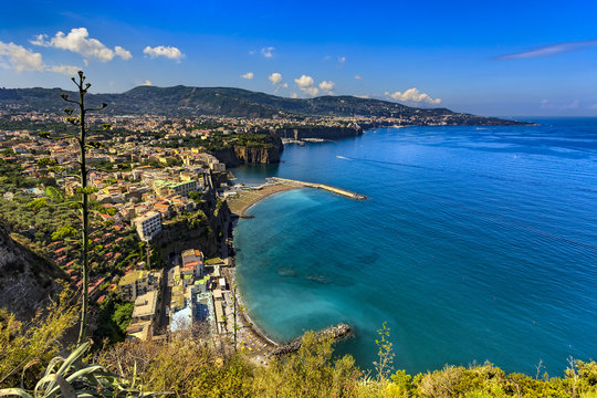 Italy. Sorrentine Peninsula - fantastic scenery of Sorrento Coast and Meta di Sorrento in the foreground, next Sant'Agnello and Sorrento town in the background