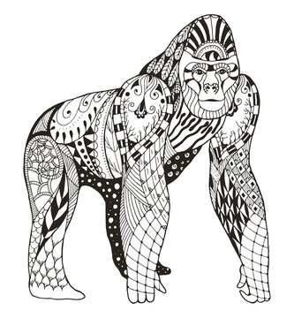 Gorilla zentangle stylized, vector, illustration, freehand pencil, hand drawn, pattern. Anti stress coloring books for kids and adults.