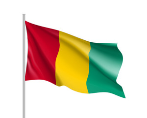 Guinea flag. Illustration of Africa country waving flag on flagpole. Vector 3d icon isolated on white background. Realistic illustration