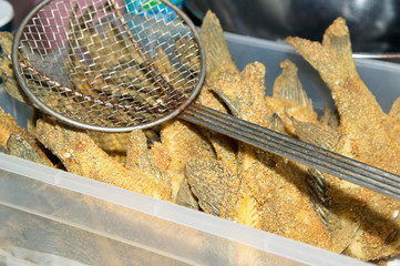 Plastic tub of fresh pan fried battered fish