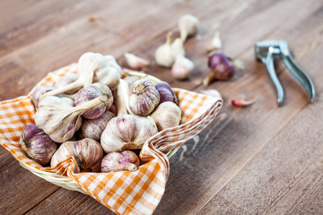 Garlic Cloves Garlic Bulb and Garlic Press on a wooden vintage rustic table.