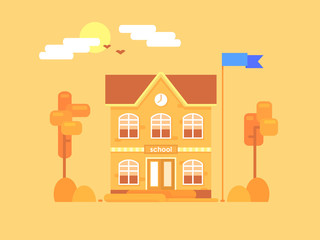 Flat composition of the school. It's time for autumn. Yellowed bushes and trees. Vector illustration..