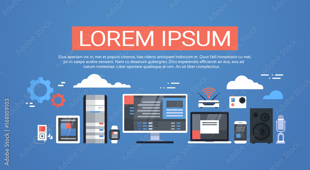 Poster data center cloud computer connection hosting server database synchronize technology vector illustra