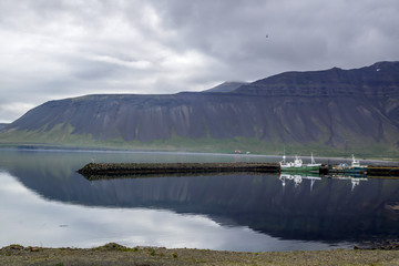 Ships reflecting in Grundarfjordur, Iceland