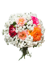 A bride's bouquet of beautiful roses and yarrow isolated on white background. Flowers. Spring. Flat lay, top view. Love. Valentine's Day. Easter. Wedding card. Object