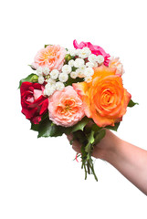 A bride's bouquet of beautiful roses and yarrow in the hands of girls. Flowers. Spring. Flat lay, top view. Love. Valentine's Day. Easter. Wedding card. Object