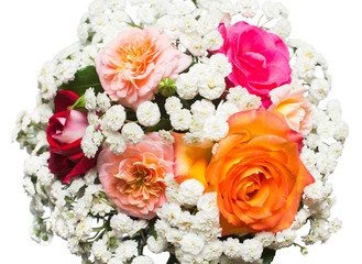 A bride's bouquet of beautiful roses and yarrow isolated on white background. Flowers. Spring. Flat lay, top view. Love. Valentine's Day. Easter. Wedding card