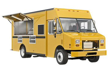 Food truck eatery cafe on wheels. 3D rendering - 168109929