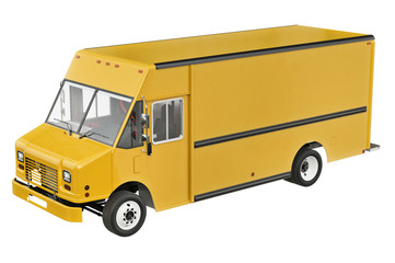 Food yellow car eatery on wheels. 3D rendering