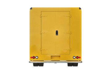 Food truck yellow cafe on wheels, back view. 3D rendering