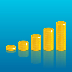 Gold coins piles cartoon style. Heaps of gold coins of various heights for designers and illustrators. Stacks of gold pieces in the form of a vector illustration
