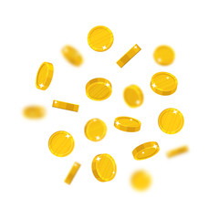 Gold coins flying cartoon isolated. Gold dollars with the effect flying in the air in a cartoon style for designers and illustrators. Floating pieces in the form of vector illustrations