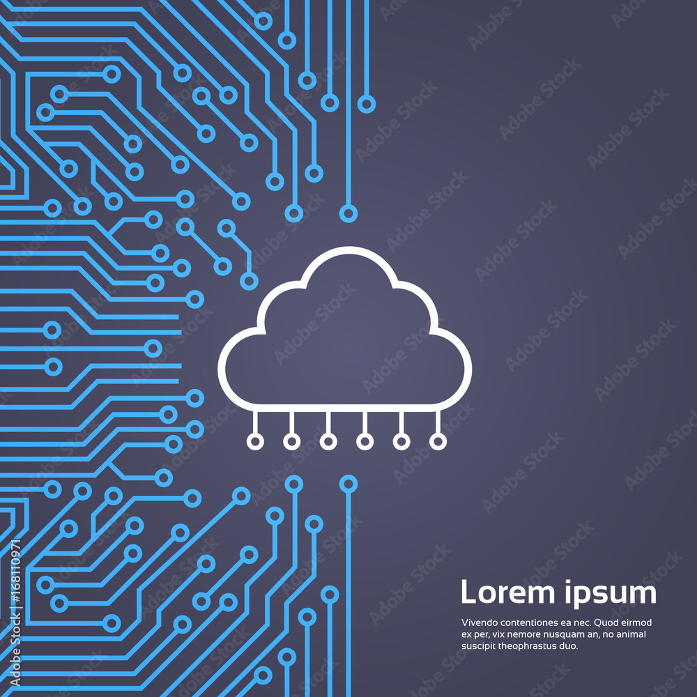 Poster cloud database over computer chip moterboard background data center system concept banner vector ill