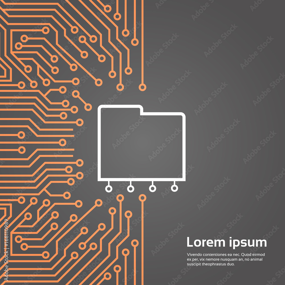 Poster database over computer chip moterboard background data center system concept banner vector illustrat