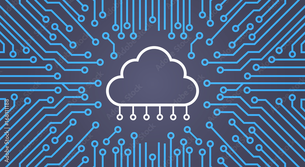 Poster cloud database over computer chip moterboard background data center system concept banner vector ill
