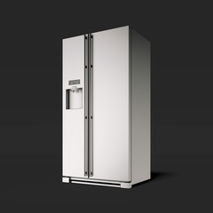 Silver refrigerator in the black studio. 3d rendering