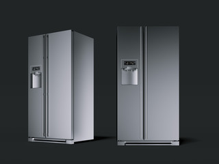 Two silver refrigerator in the black studio. 3d rendering