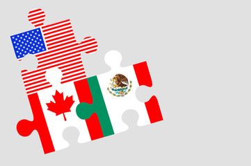 Canada, Mexico and US Flag Puzzle Pieces, conceptual image for Nafta agreement - obrazy, fototapety, plakaty