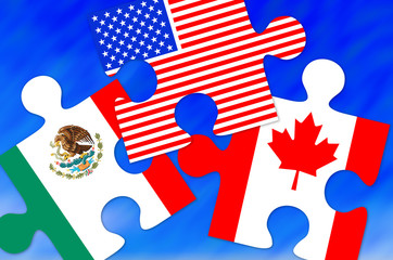 Canada, Mexico and US Flag Puzzle Pieces, conceptual image for Nafta agreement