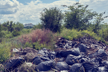 Black plastic bags with garbage thrown out on the nature. Environmental pollution.