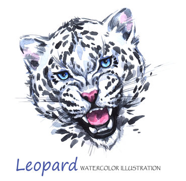 Watercolor roaring leopard on the white background. African animal. Wildlife art illustration. Can be printed on T-shirts, bags, posters, invitations, cards, phone cases, pillows.