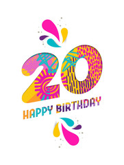 Fototapeta premium Happy birthday 20 year paper cut greeting card