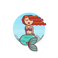 Young mermaid sits on the rocks against the background of the sea. Cartoon character in flat design style. Vector illustration.