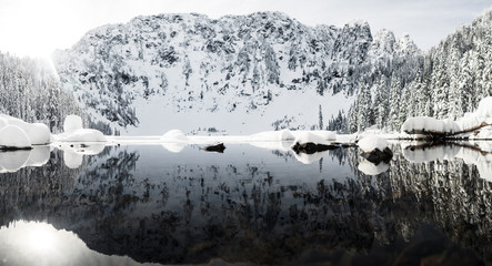 Obrazy na Szkle  reflection in snowy lake panorama