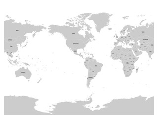 Grey World map. High detail America centered political map. Vector illustration.