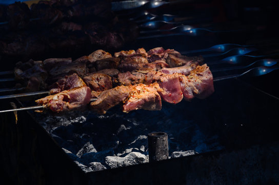 Shish kebab preparing on skewers