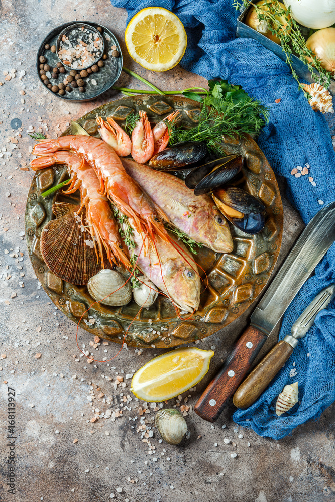 Wall mural Photo of fish, shrimp, shellfish