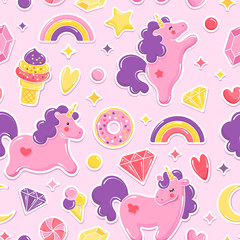Unicorn cute seamless pattern. Unicorn, ice cream, rainbow, sweets, diamonds. Vector illustration
