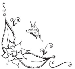 Zentangle stylized butterfly, flower, leafs, vector illustration, artistically drawn, freehand pencil. Anti stress coloring books for kids and adults.