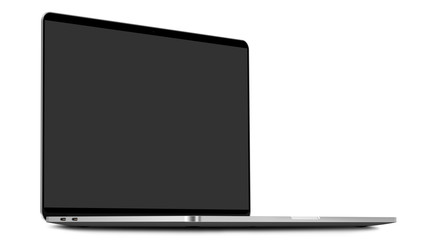 Laptop with blank screen isolated on white background, silver aluminium body. Whole  in focus. High detailed. 