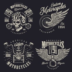 Obraz premium Set of vintage custom motorcycle emblems, labels, badges, logos, prints, templates. Layered, isolated on dark background Easy rider