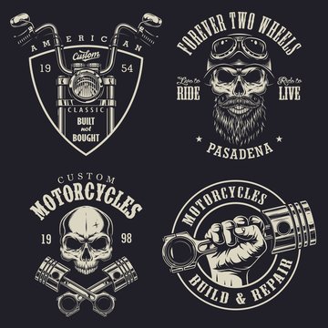 Set of vintage custom motorcycle emblems, labels, badges, logos, prints, templates. Layered, isolated on dark background Easy rider