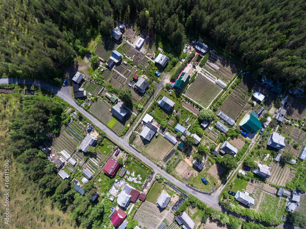 Wall mural Russian summer village with wooden houses. Top view at roofs. Evergreen forests and marshes of northern Karelia, Russia